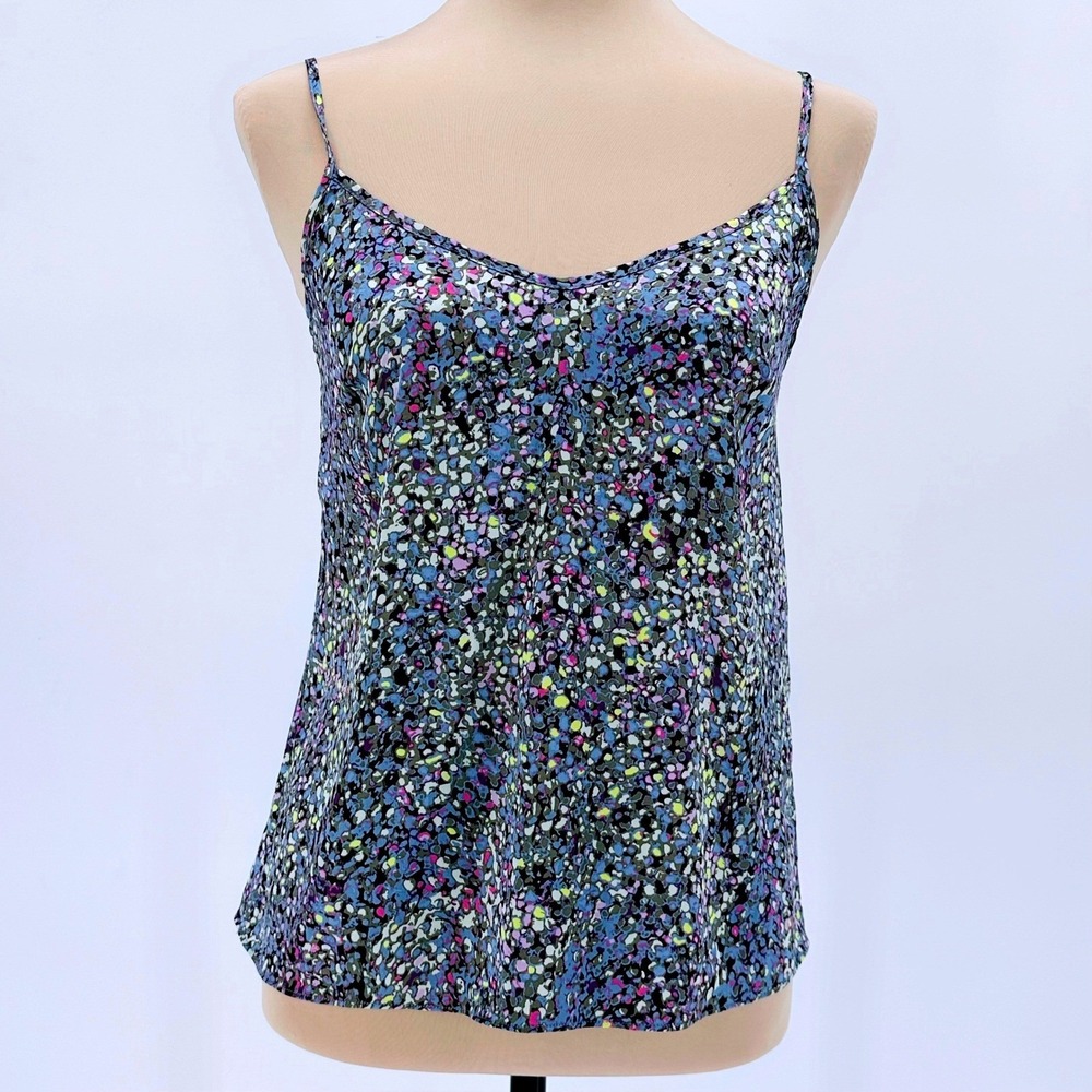 Chico's Silk Blend Camisole Top Blue Pink Abstract Pointillist Print V-Neck‎ XS